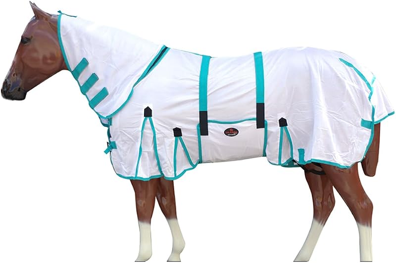 Capa contra moscas para cavalos HILASON com proteção UV Branca e Turquesa – 81 polegadas (205,74 cm)