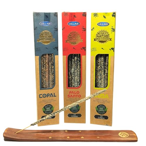 Pack 3 Unidades Incienso Natural Organico Ullas + 1 Tablilla Aromasenses (Palo Santo - Ruda - Copal)