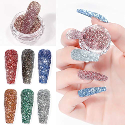 Nagelpulver Set, KARLOR Nagelpuder glitzer, 6 Boxen Diamantpulver Golden Light Mix Größe Nail Art Glitter Puder…
