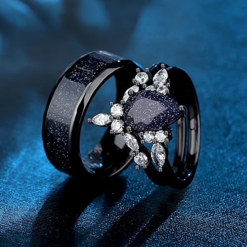 Custom Black Matching Rings - Couples' Blue Sandstone, Pear Cut with Personalized Engraving2