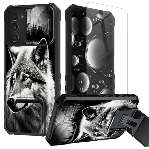 BREIDMKFM for Samsung Galaxy S23 Case with Screen Protector & Kickstand & Slide Camera Lens Cover Heavy Duty Dual Layer Rugged Phone Case for Galaxy S23,Black White Wolf