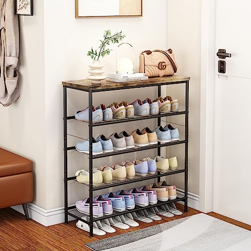 SUOERNUO Shoe Rack Organizer 5 Tier for Closet Entryway Free Standing Metal Storage Shoe Shelf with MDF Top Board,Black+Rustic Brown