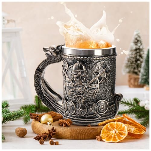 ZENFUN Nordic Viking Ship Dragon Beer Mug, 18/8 Stainless Steel Drinking Tankard, 17.5oz/500ml Wine Coffee Cup, Norse Mythology Poetic Decor Beer Mug, Great Gift for Men