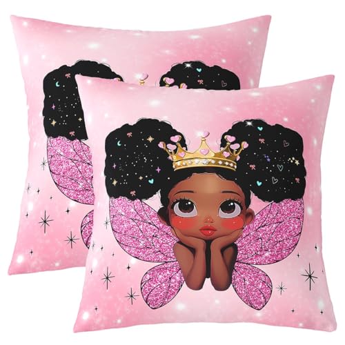 Loussiesd Lindas fundas de almohada de niña negra de 55 x 55 cm, suaves, con temática de princesa, alas de hada, fundas de cojín de microfibra afroamericana, decoración mágica para dormitorio