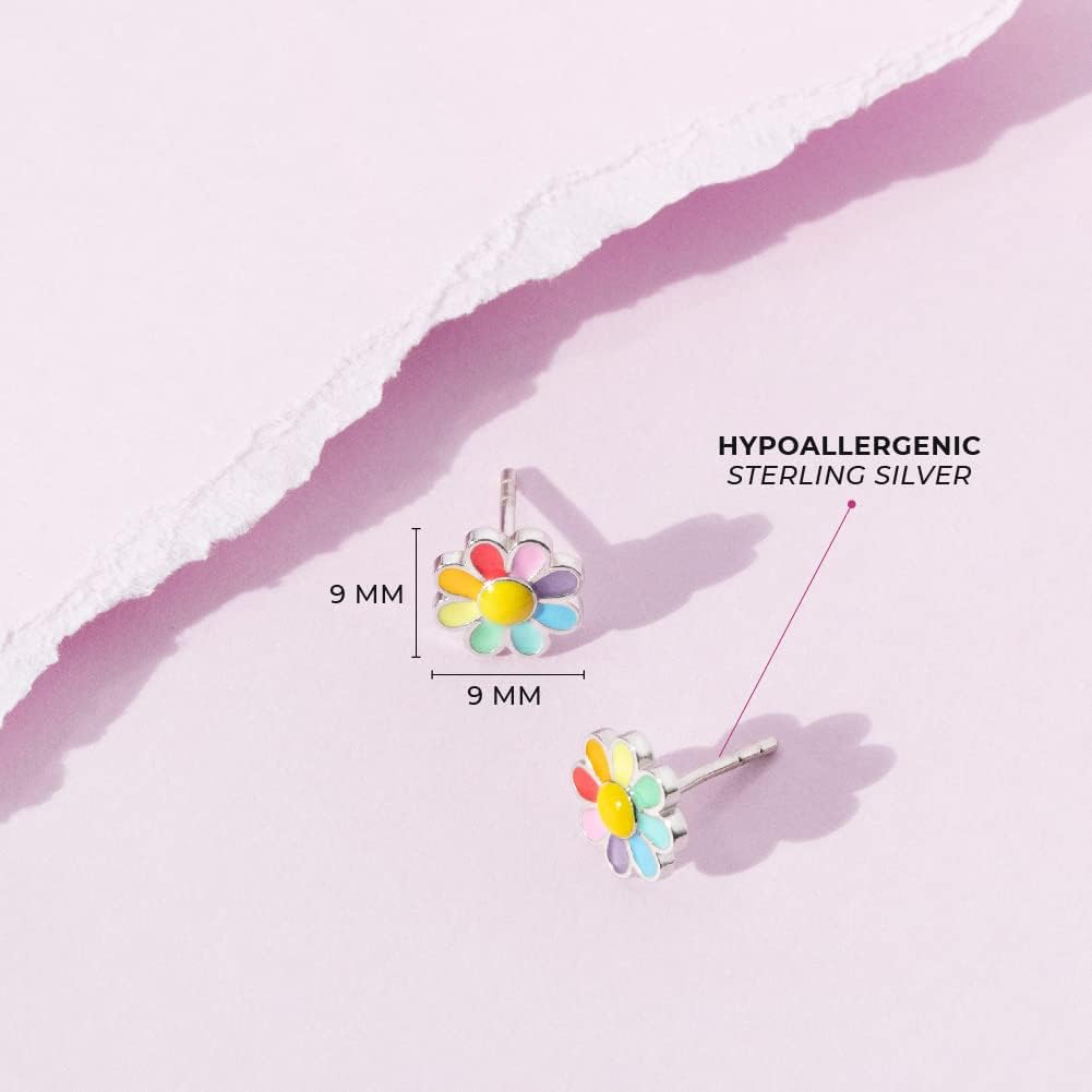 In Season Jewelry 925 Sterling Silver Rainbow Enamel Daisy Flower Stud Earring - 9mm, Hypoallergenic, Multicolored Flower Earrings for Girls - Image 4