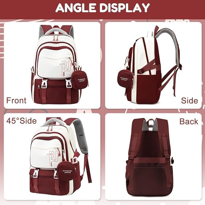 Image of Backpack Bag for Women with Matching Zipper Pouch, 18.1 Inch College Laptop Backpack, Multi-Compartment Bookbag for School, Office, Travel, Camping & Everyday Carry, White & Maroon