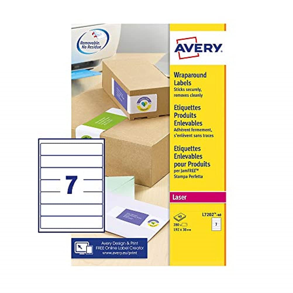 Avery L7202 Printable Wraparound Labels, Laser Printers, 7 Per A4 Sheet, 280 Labels, White