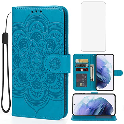 Étui Galaxy S21 Samsung SM-G991U en cuir bleu avec porte-carte et protège-écran