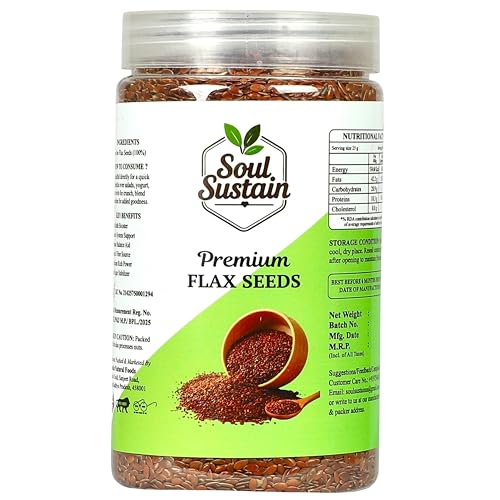 Image of SoulSustain Flax Seeds Brown 500 GM | Raw Linseed for Eating | Omega 3 Rich Seeds | High Fiber Flaxseed for Digestion, Heart Health, Weight Management | Vegan Gluten Free Superfood