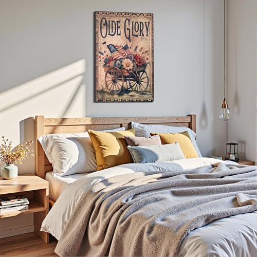 Image of Framed Olde Glory 1776 American Flag Wall Art, Patriotic Vintage Canvas Art Pictures, USA Flag Flower Wall Decor, Made in USA Ready to Hang for Living Room Entryway