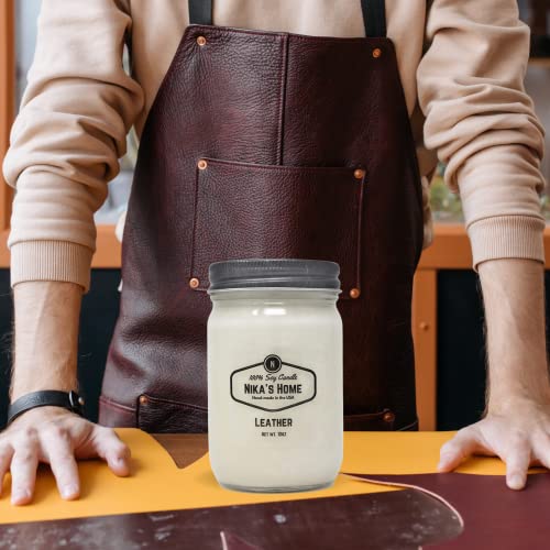 Nika's Home Leather Soy Candle 12Oz Mason Jar Non-Toxic White Candle Valentines Day Gifts For Him Handmade, Long Burning 50-60 Hrs Highly Scented All Natural Clean Burning Large Candles For Men #TOP5