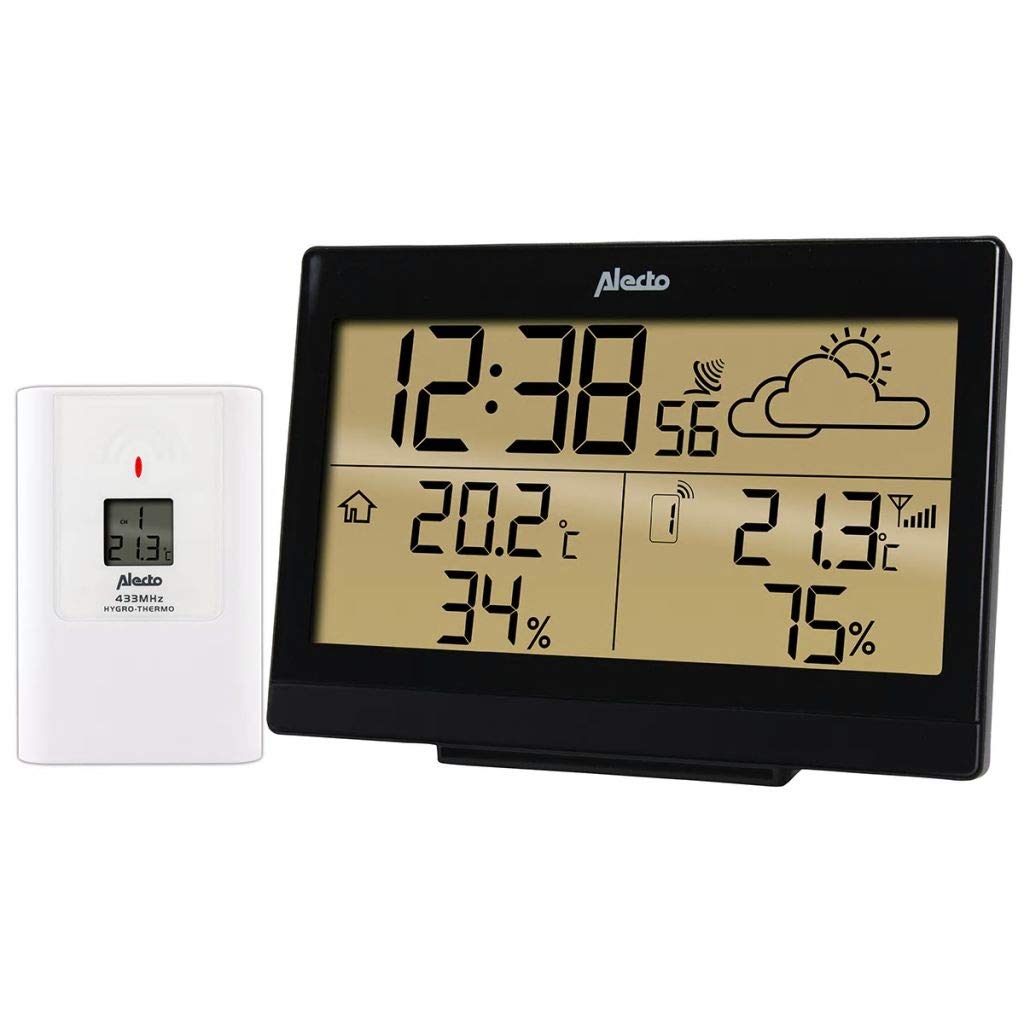 Alecto WS-2300 Funk Wetterstation - Kabelloser Sensor - Innen und Außentemperatur - Hygrometer - Wettervorhersage - Frostalarm - Wecker mit Schlummerfunktion - schwarz