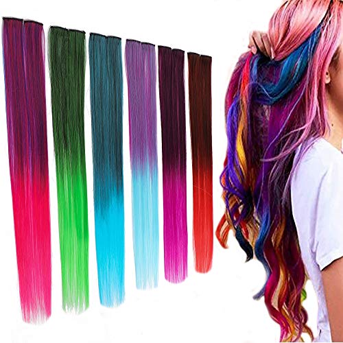 Clip In Colored Hair Extensions For Girls Women Kids Doll 22 Inches Pack Of 12 Pieces Colored Wigs Pieces Ombre Colored Hair Extension Rainbow Hair Clips Colored Hair Extensions