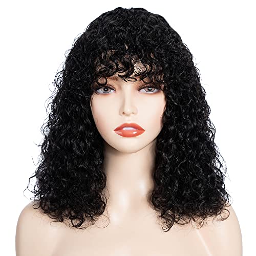Fashion Idol Short Curly Human-Hair Wigs with Bangs 14 Inch Jerry Curl Bob Brazilian Virgin Human Hair None Lace Front Wigs for Black Women Machine Made Black