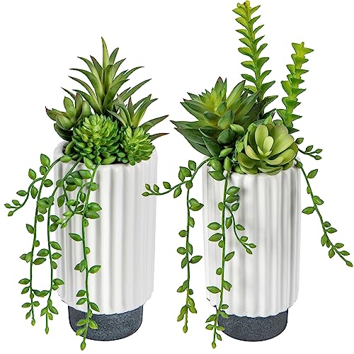 Image of Hollyone 2 pcs Fake Succulent Plants Artificial Succulents in White Ceramic Pots, Faux Trailing Succulents for Room Home Bathroom Bedroom Office Kitchen Living Room Desk Decoration