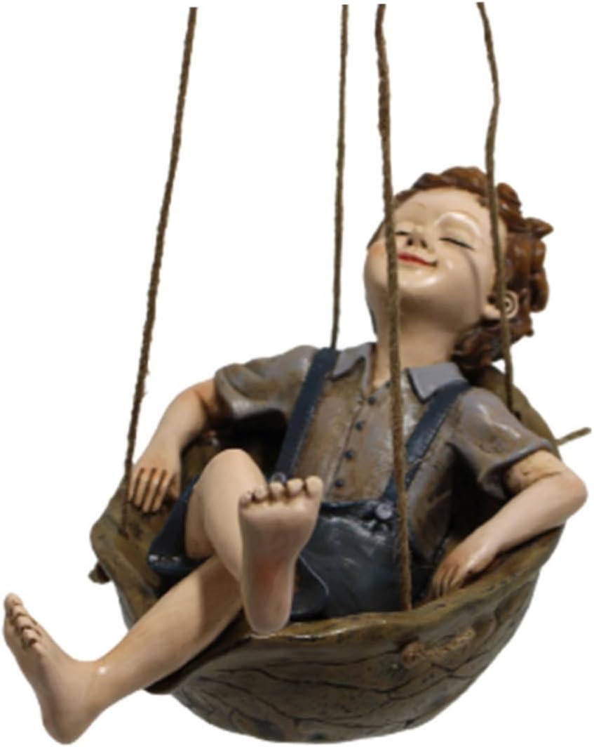 Vaguelly Resin Swing Boy Pendant Hand-Painted Walnut Ornament for Outdoor Garden Decor for Yard and Home Decoration