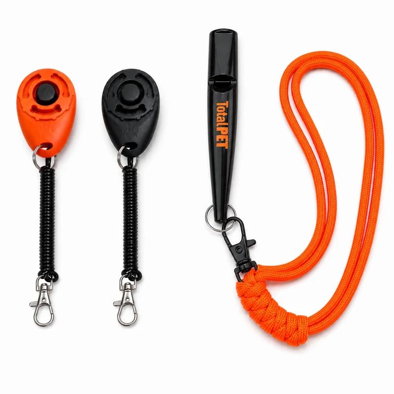 Total Pet Dog Training Set - 2 Pack Clicker and Precision Whistle for Dogs and Puppies - Mark Behaviour and Build Recall with Big Button Clickers, Wrist Coils and Lanyard