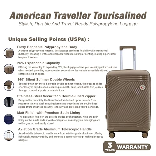 Image of AMERICAN TRAVELLER Tourisalined Trolley Bag| Polypropylene Hard Shell Luggage | Waterproof & Expandable Suitcase for Travel | 8 Smooth Spinner Wheels | Durable Travel Trolley Bag Set (24, Khaki)