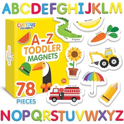 Curious Columbus Magnetic Objects and Letters. Set of 78 Foam Magnets Including 52 Pictures and 26 Uppercase Alphabet Magnets from A-Z. Best Educational Toy for Preschool Learning Cover