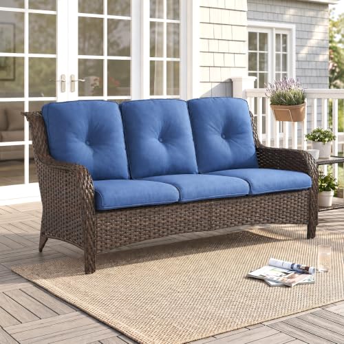 Image of Rilyson 3 Seat Outdoor Wicker Couch, Rattan Patio Sofa, Blue Cushions | High Back and Deep Seating, All Weather, Water-Resistant, Removable Cover, Stain-Resistant, for Garden Backyard Deck