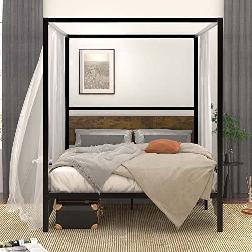 SHA CERLIN Industrial Four-Poster Canopy Bed Frame, Queen Size, Modern Sturdy Metal Platform Bed Frame with Rustic Wooden Headboard, Noise-Free, No Box Spring Needed, Easy Assembly