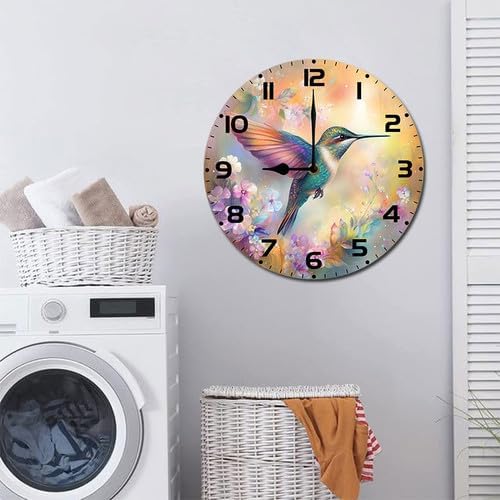 Birds Hummingbird Flower Wooden Silent Non-Ticking 10 Inch Round Clocks Battery Operated Analog for Living Room Kitchen Bedroom Bathroom Office Home School Decor