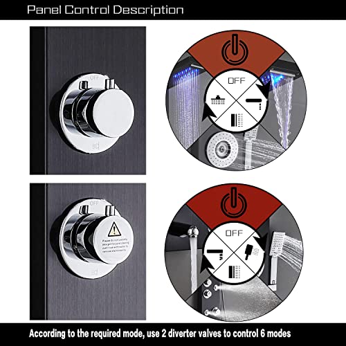 Ello&Allo Stainless Steel Shower Panel Tower System,Led Shower Head 6-Function Faucet Rain Massage System With Body Jets, Black #TOP2
