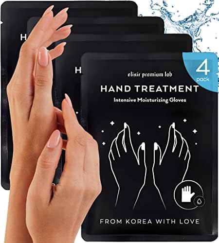 Moisturizing Hand Mask for Dry Cracked Hands & Nails - Hydrating Spa Treatment - Korean Collagen Gloves with Natural Plant Extracts - Nourishing Skin Care Gift with Shea Butter for Women & Men by Elixir (4 Pack)