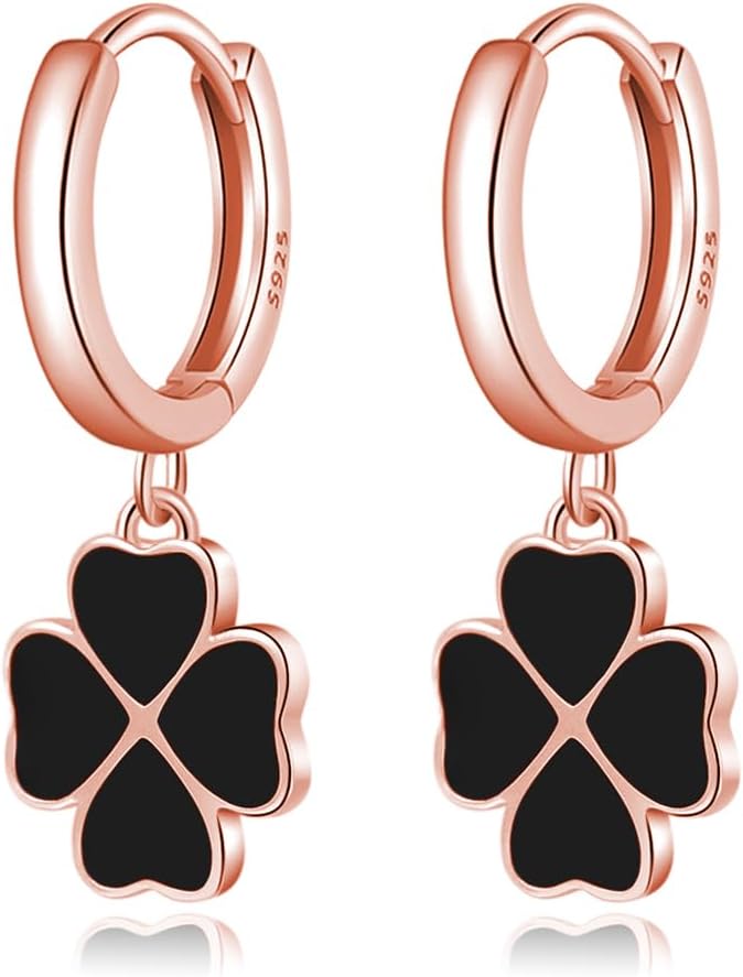 Reffeer Solid 925 Sterling Silver Clover Flower Drop Hoop Earrings for Women Teen Girls Black Flower Hoop Earrings Drops for Summer Spring