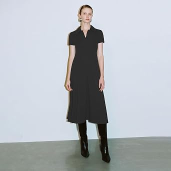URBAN REVIVO Women's Summer Dress Short Sleeve Polo Lapel V Neck A-line Dresses Elegant Midi Sundress 2025