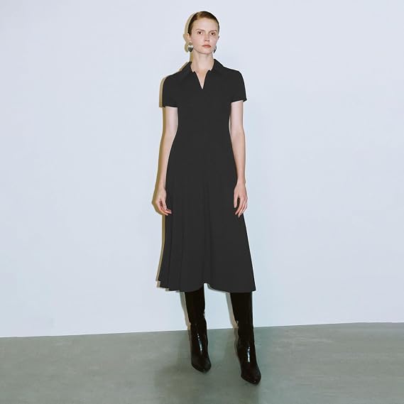 URBAN REVIVO Women's Summer Dress Short Sleeve Polo Lapel V Neck A-line Dresses Elegant Midi Sundress 2025