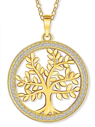 VIASOUL® Halskette Lebensbaum II Baum des Lebens Kette für Damen I Tree of Life aus 925er Silber I Mit 585er Gold überzogen I Der Lebensbaum mit Echtsilber-Zertifikat (Gold)