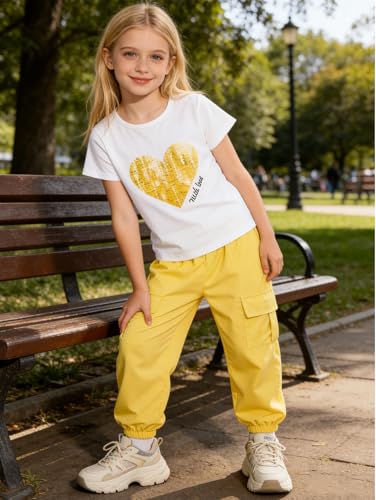 Image of Girls 4 Pieces Outfits Short Sleeve Printed Tee Tops and Pants Set 4-12Y