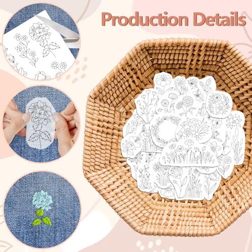 peacoblue Water Soluble Embroidery Patterns for Beginners 4 Sheets Wildflower with 77pcs Patterns - Image 3