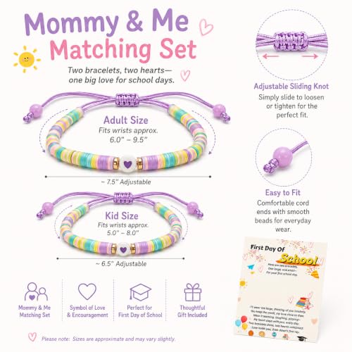 First Day of School Matching Bracelet Set - Back to School Gifts for Kindergarten Pre-K 1st Grade, Adjustable Heart Clay Bead Bracelets for Mom and Me, Family Matching Jewelry Set with Card (Purple-Cute) - Image 4