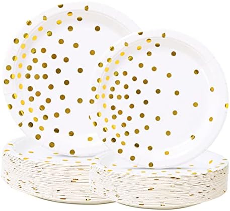 Simbago White and Gold Paper Plates - 100 Pieces Gold Dot Disposable Party Plates - Gold Party Supplies for Wedding Bridal Shower Baby Shower Holiday Parties