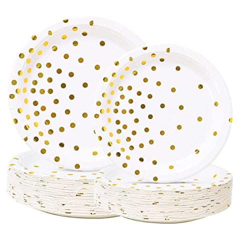 Simbago White and Gold Paper Plates - 100 Pieces Gold Dot Disposable Party Plates - Gold Party Supplies for Wedding Bridal Shower Baby Shower Holiday Parties Cover