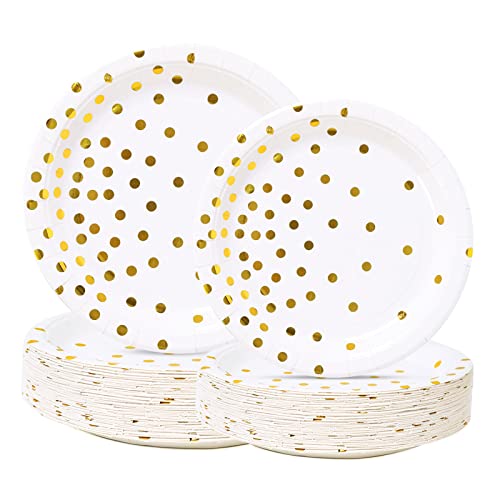 Simbago White And Gold Paper Plates - 100 Pieces Gold Dot Disposable Party Plates - Gold Party Supplies For Wedding Bridal Shower Baby Shower Holiday Parties #TOP3