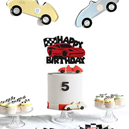 Car Cake Topper Happy Birthday Sign Cake Decorations For Man Kids Boys Racing Car Checkered Flag Themed Bday Party Supplies Double Sided Black Sparkle Decor #TOP5