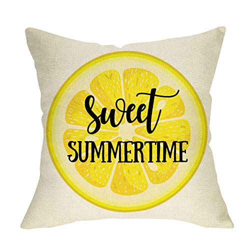 Fbcoo Summer Lemon Decorative Throw Pillow Cover, Sweet Summertime Farmhouse Cushion Case Decor, Seasonal Home Square Outside Pillowcase Decorations Sign for Sofa Couch 18 x 18 Inch Cotton Linen