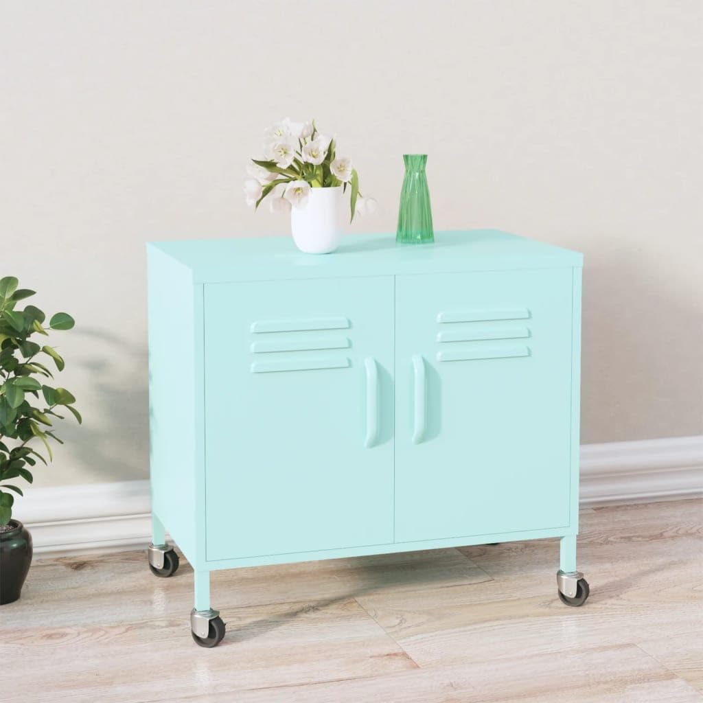 Mobili portavivande in acciaio verde menta, 60 x 35 x 56 cm, con ruote e freni, ripiano regolabile, portata fino a 70 kg, robusto armadietto per casa, ufficio, corridoio