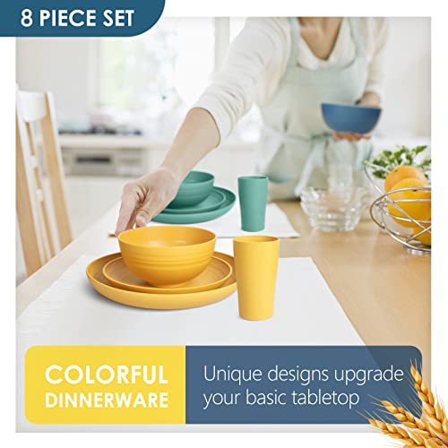 Teivio 32-Piece Kitchen Plastic Wheat Straw Dinnerware Set, Service For 8, Dinner Plates, Dessert Plate, Cereal Bowls, Cups, Unbreakable Plastic Outdoor Camping Dishes, Autumn Multicolor #TOP4