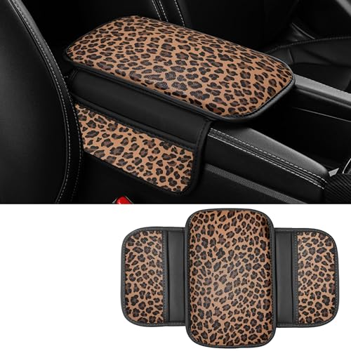 Dotesy Brown Cheetah Print Car Center Console Cover,Microfiber Leather Car Armrest Pad Cushion with 2 Storage Bags,Universal Car Armrest Storage Box Car Interior Accessories for Most Vehicles