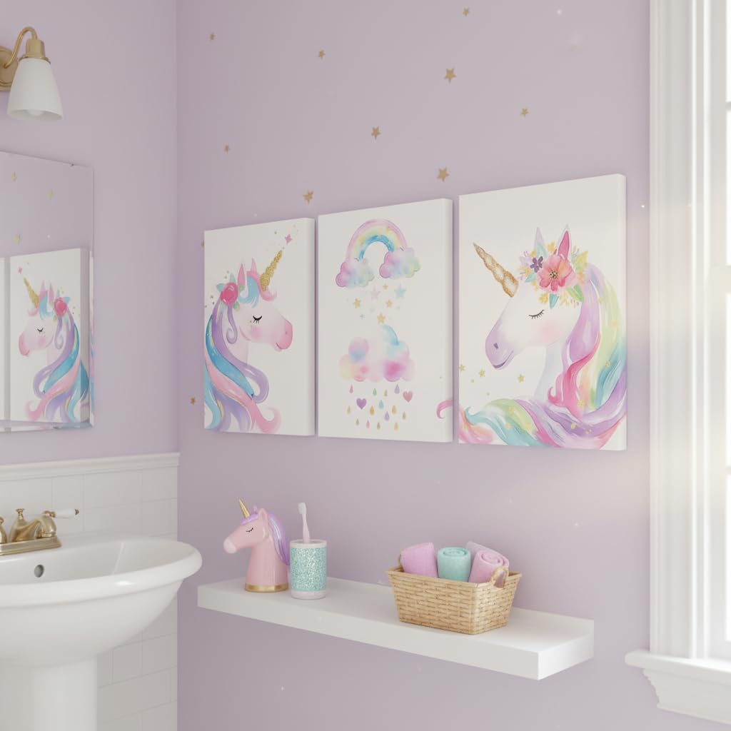 Erosebridal Cute Unicorn Decor For Girls Room Kawaii Dreamy Print Paintings For Toddler Nursery Lovely Gifts,Colorful Rainbow Flowers Canvas Wall Art Of 3 Panels Watercolor Clouds Wall Pictures