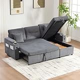 Yihomfy Canapé -lit Convertible, Canapé d'angle avec Porte-gobelets,Ports USB,Rangement intégré, Canapé 3 Places avec Méridienne Réversible, Canape en L Moderne en Velours Côtelé pour Salon