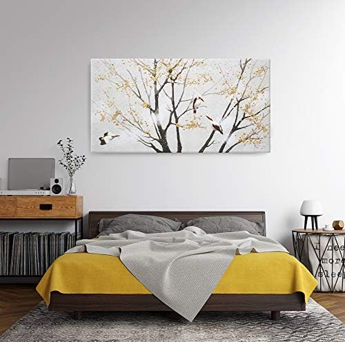 amatop Extra Large Wall Art for Living Room Canvas Print with Hand-Painted Texture Nature Tree Birds Artwork Landscape Oil Paintings for Office Decor Gold Foil Ready to Hang 60x30inch