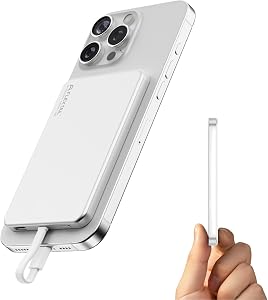 FLEXTAILGEAR Magnetic Power Bank, 5000mAh Ultra Slim Portable Charger with Built-in USB-C Cable, Travel Power Bank Compatible with iPhone 17/16/15 Series Galaxy and More