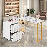ROWIEP Nail Table for Nail Tech, L-Shaped Nail Tech Desk with 2 Drawers &Led Strip and Power Sockets, Professional Manicure Table for Beauty Salon, Home and Office