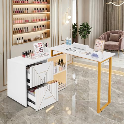 ROWIEP Nail Table for Nail Tech, L-Shaped Nail Tech Desk with 2 Drawers &Led Strip and Power Sockets, Professional Manicure Table for Beauty Salon, Home and Office