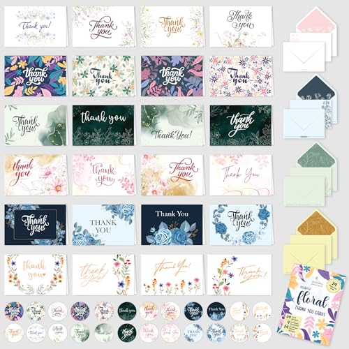 Decorably 24 Pack 6x4in Floral Assorted Thank You Cards with Envelopes and Stickers, 24 Unique Floral Designs Thank You Card Assortment, Blank Inside - Wedding, Birthday